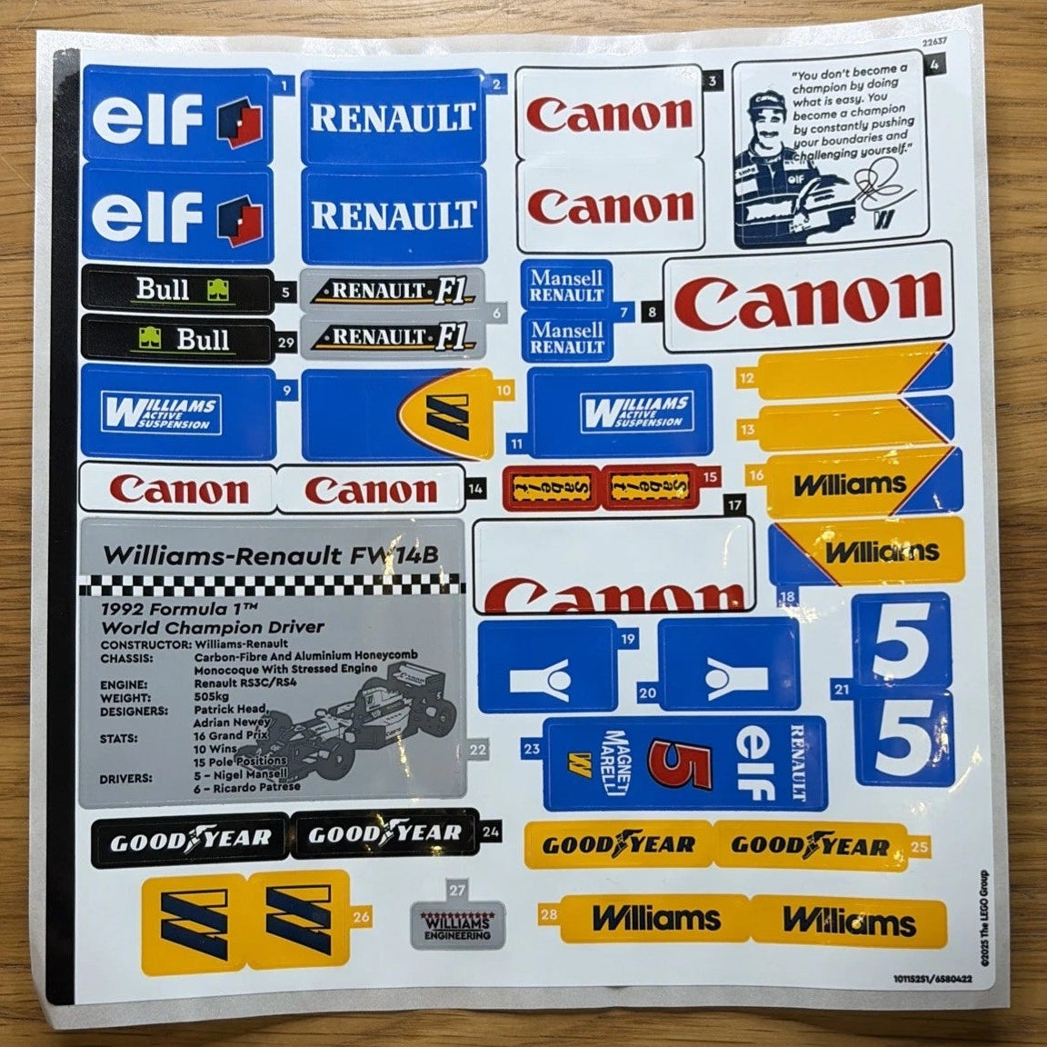 Lego® Sticker Sheet for set 10353 Creator Expert Williams Racing FW14B Formula 1